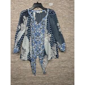 Figueroa & Flower Blouse Womens M Blue Floral Boho Henley Tunic Top 3/4 Sleeve